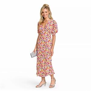 Rixo for Target Floral Midi Dress Size 4 Puff Sleeve V Neck Colorful Boho